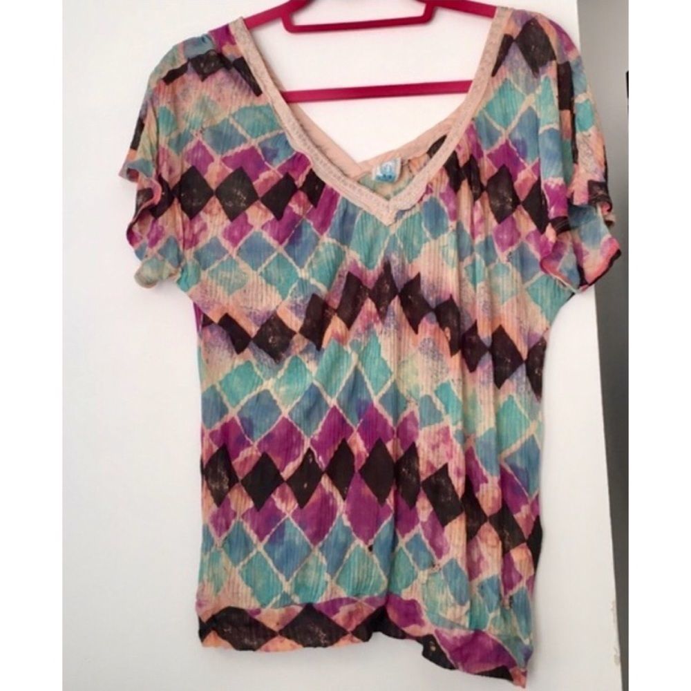 Free People Diamond Multicolored V-neck Tee XS